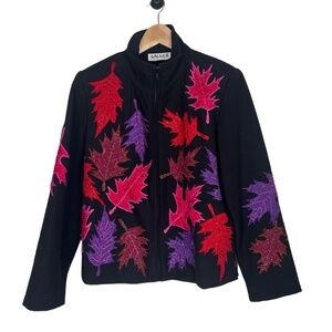 Anage Jacket VTG Medium Black Multicolor Embroidered Full Zip Funky Art to‎ Wear